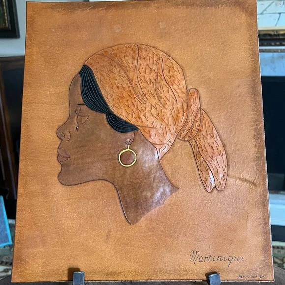 80’s Martinique Golden Tanned Tooled Leather Creole Girl w/Knotted Madras - Picture 1 of 5